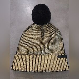 Coach Black and Gold Foil Knit Beanie With Shearling Pom